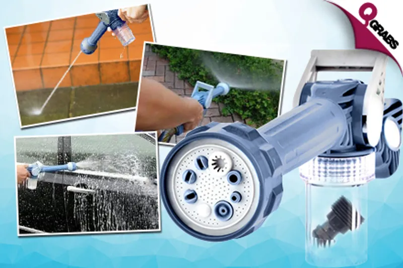 From QR39 Blast Away the Mess with an 8-Nozzle Multi Function Water Spray Gun with Built-in Soap Dispenser! (QR158 Value)